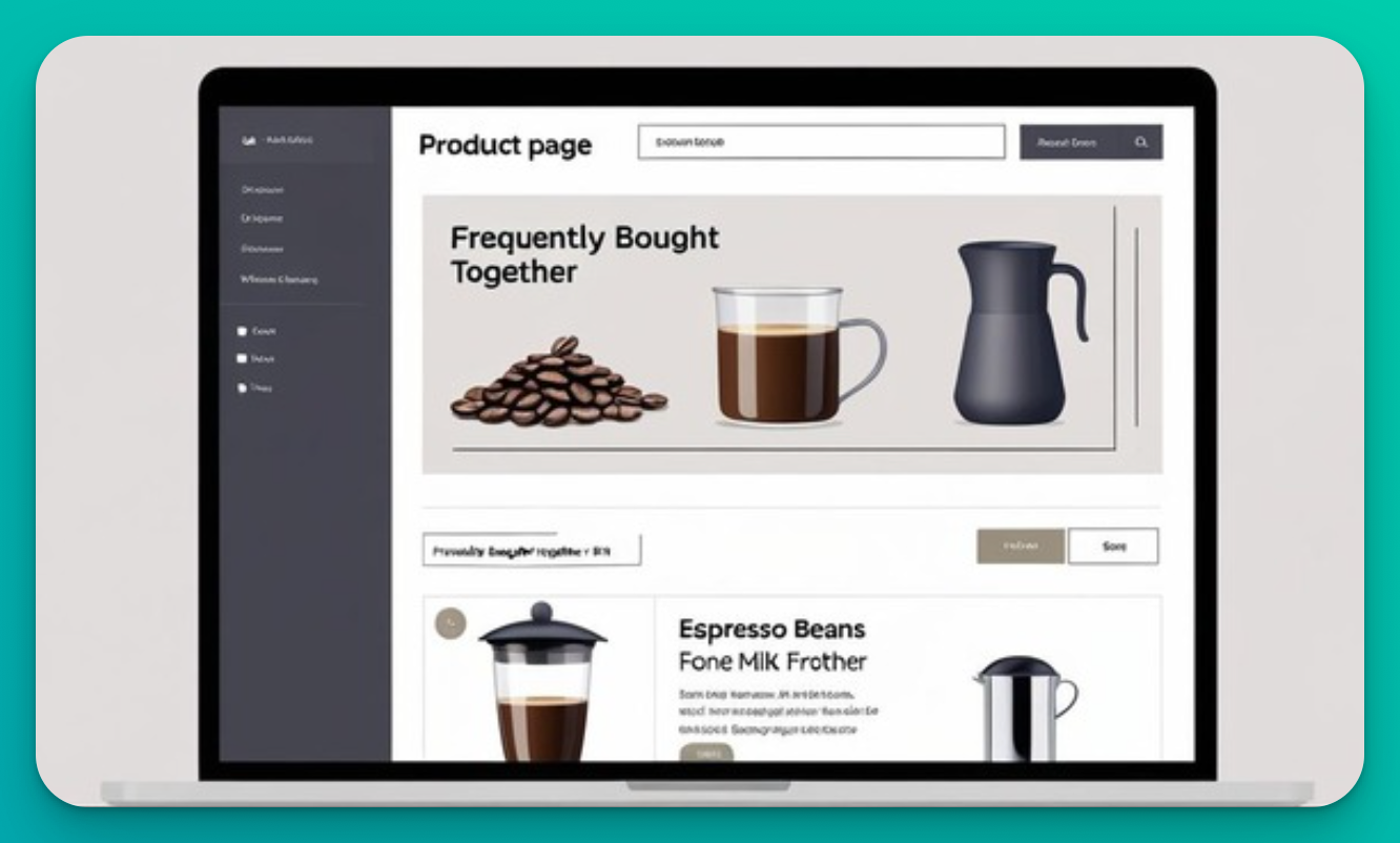A screenshot or mockup of an e-commerce product page. On the page, there should be a 'Frequently Bought Together' section that clearly displays a product bundle recommendation (e.g., the espresso beans and milk frother) powered by ApusNest's analysis.
