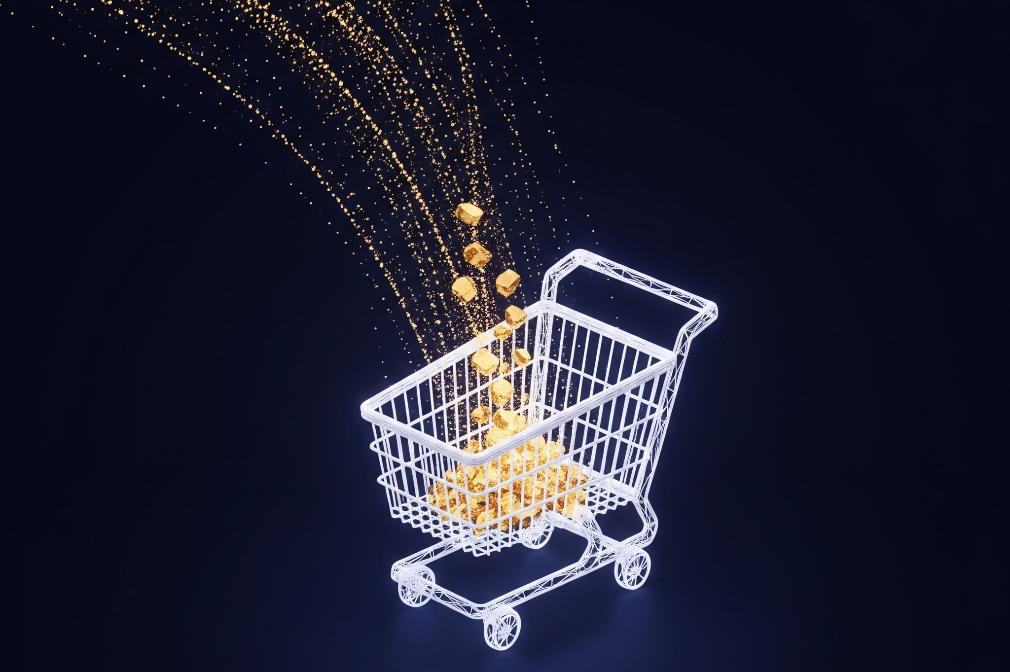 A digital shopping cart with golden data flowing into it, representing hidden value.