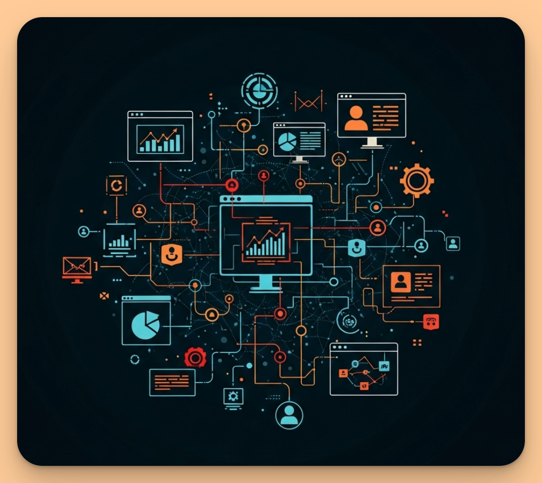 An abstract graphic showing different software feature icons (like a chart, a gear, a user profile) connected by lines, representing the hidden relationships in user activity.